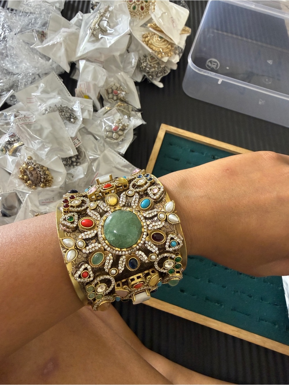 Multicolor Stone Embellished Gold Cuff Bracelet - Women Jewelry